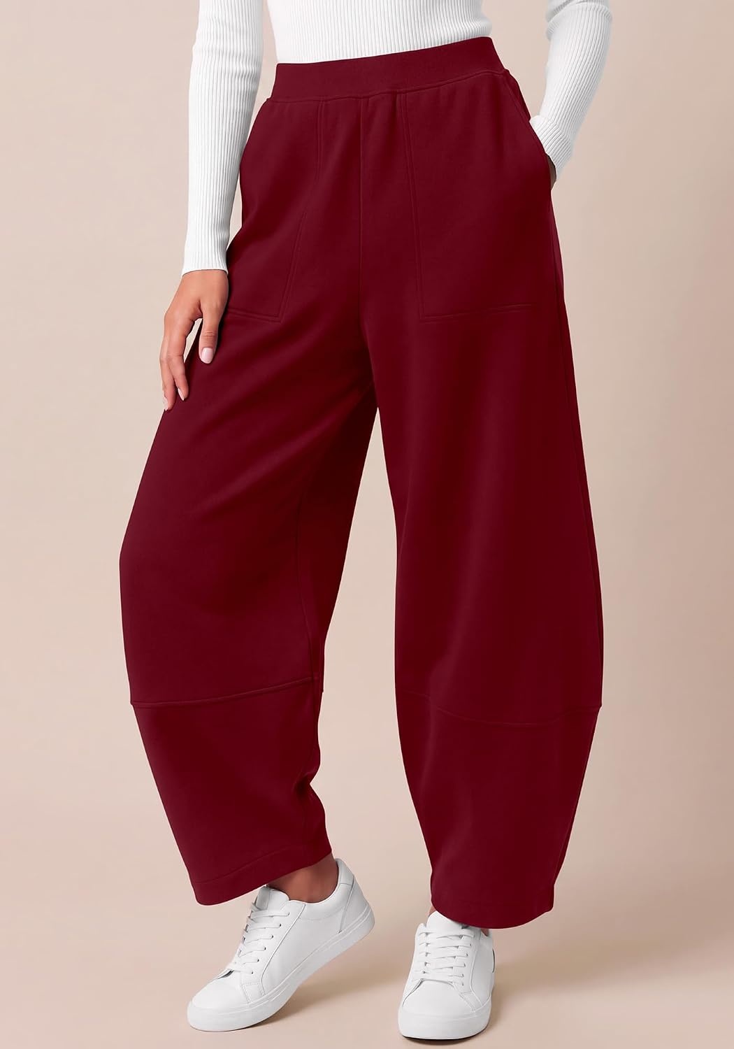 image:imageBTFBM Womens Capri Pants Wide Leg Palazzo Fleece Harem Barrel SweatpantsBurgundy