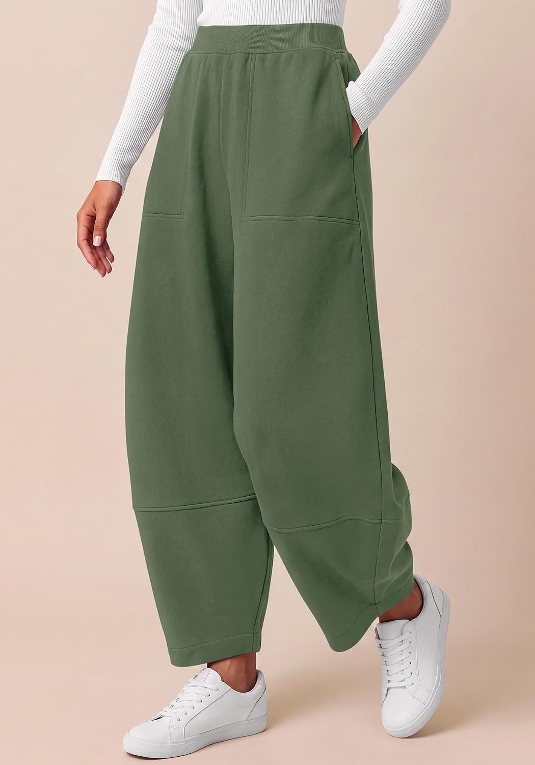 image:imageBTFBM Womens Capri Pants Wide Leg Palazzo Fleece Harem Barrel SweatpantsSage Green