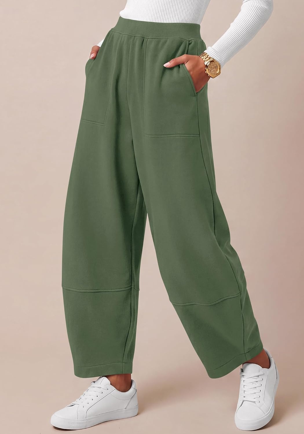 image:imageBTFBM Womens Capri Pants Wide Leg Palazzo Fleece Harem Barrel SweatpantsSage Green