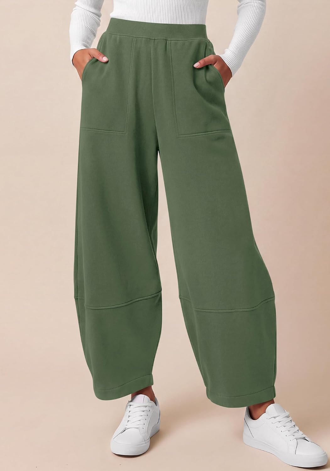image:imageBTFBM Womens Capri Pants Wide Leg Palazzo Fleece Harem Barrel SweatpantsSage Green