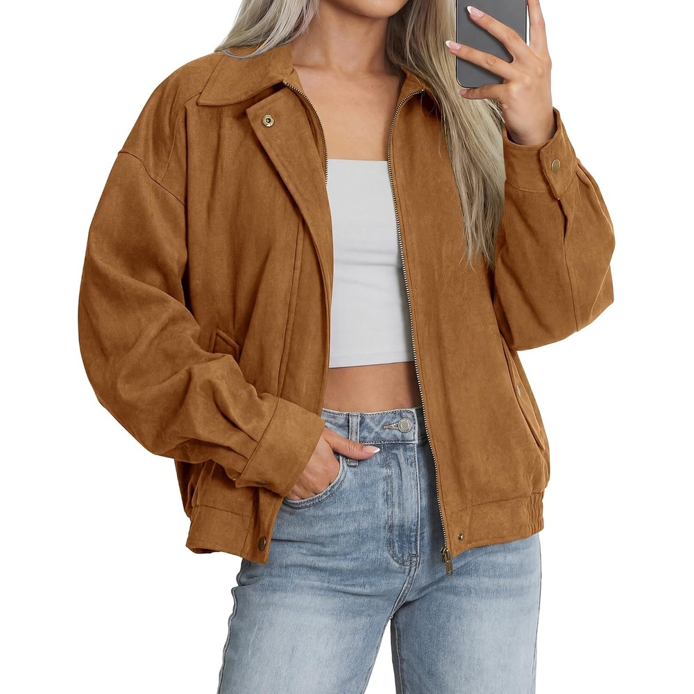 image:imageBTFBM Faux Suede Jacket Women Oversized Long Sleeve Bomber CoatsCamel