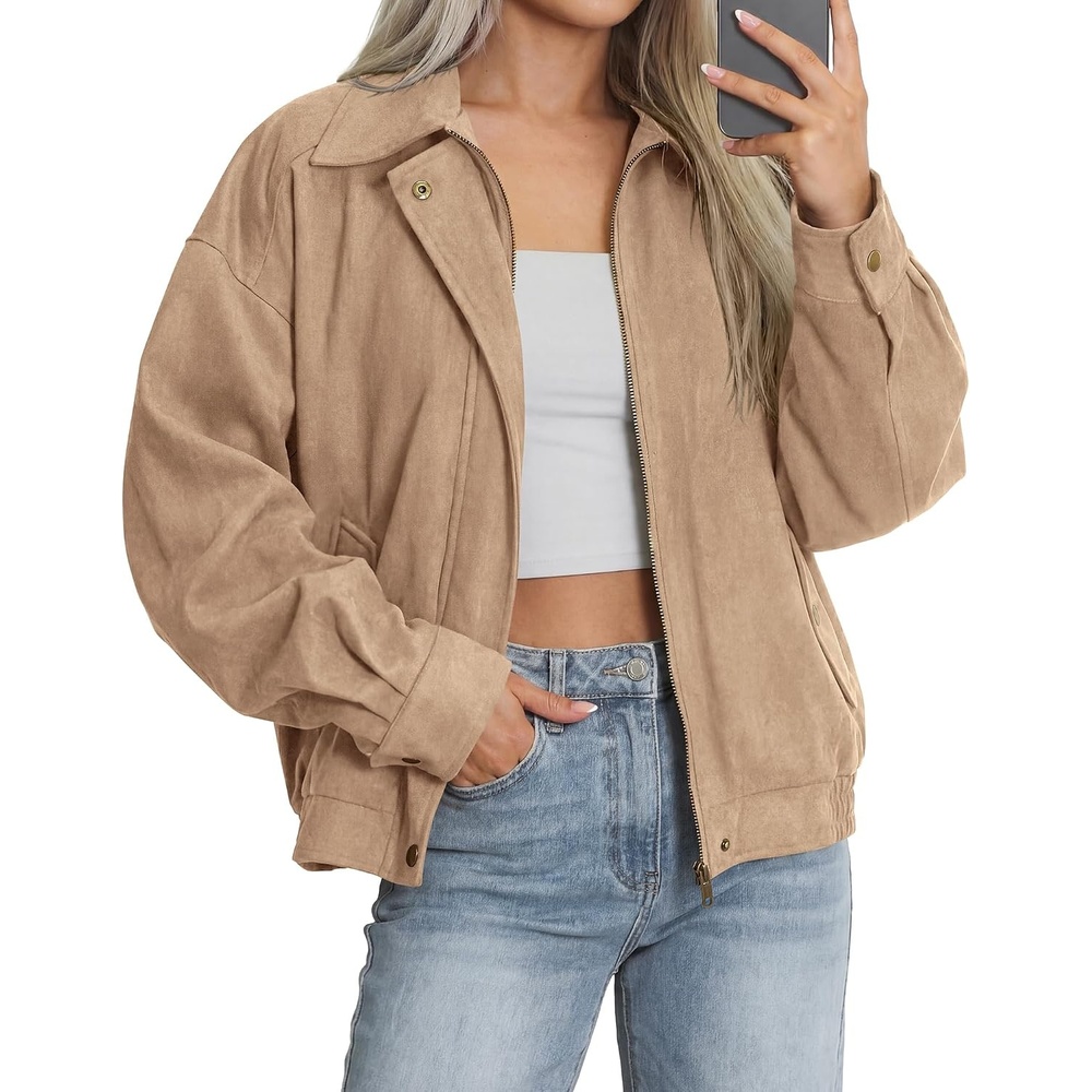 image:imageBTFBM Faux Suede Jacket Women Oversized Long Sleeve Bomber CoatsLight Khaki