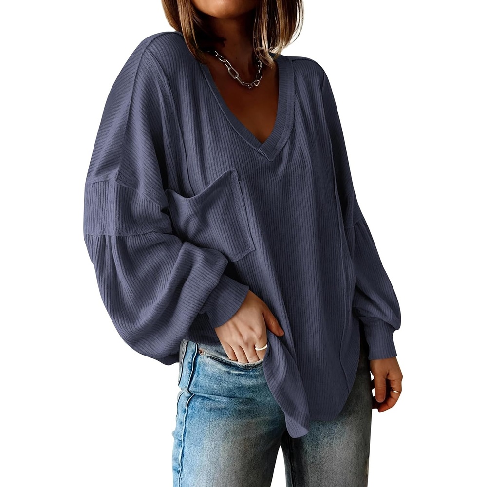 image:imageBTFBM Long Sleeve Shirts for Women 2026 Fall TopsSolid Dark Grey Blue