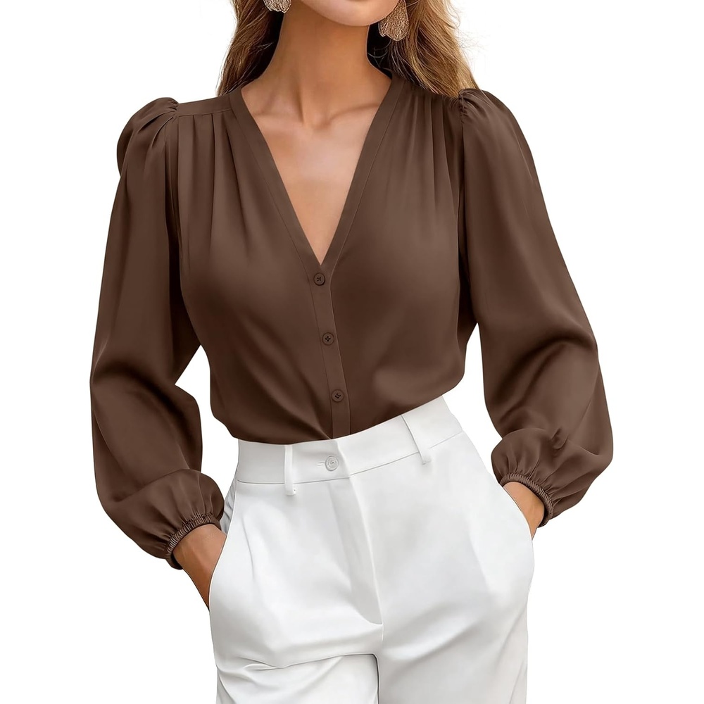 image:imageBTFBM Satin Blouses for Women Dressy Casual Button Down ShirtsBrown