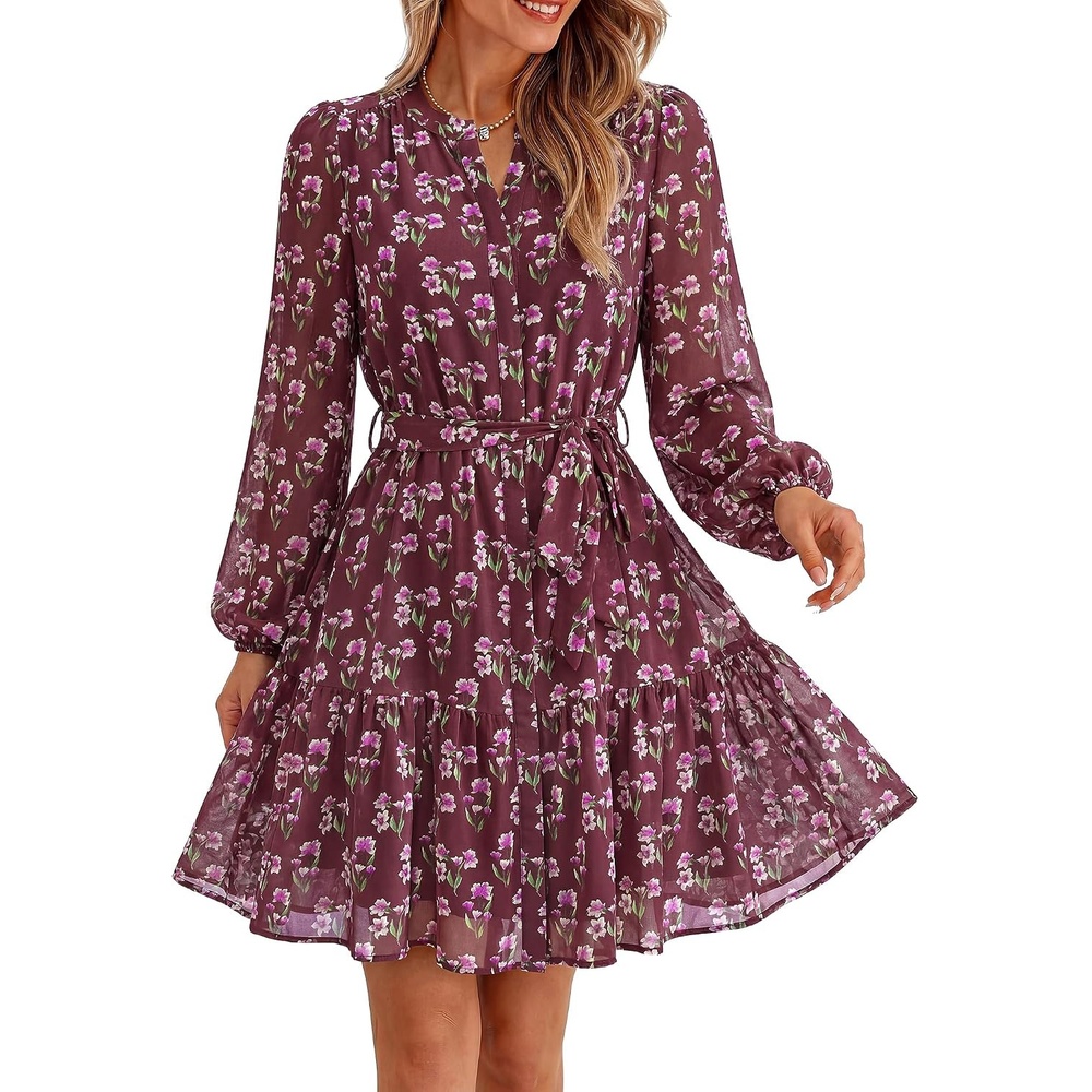 image:imageBTFBM Womens Dresses Fall Chiffon Floral V Neck Long Sleeve Mini DressBurgundy Flower