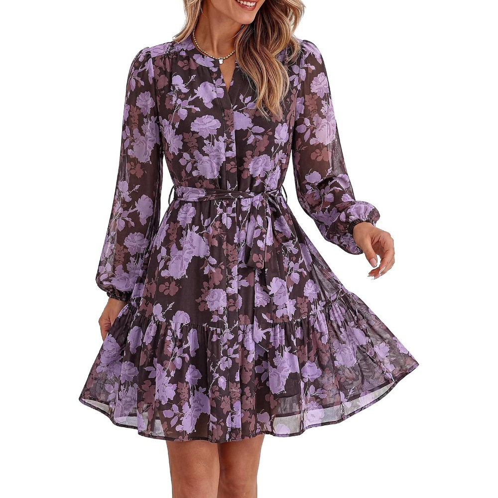 image:imageBTFBM Womens Dresses Fall Chiffon Floral V Neck Long Sleeve Mini DressPurple Flower