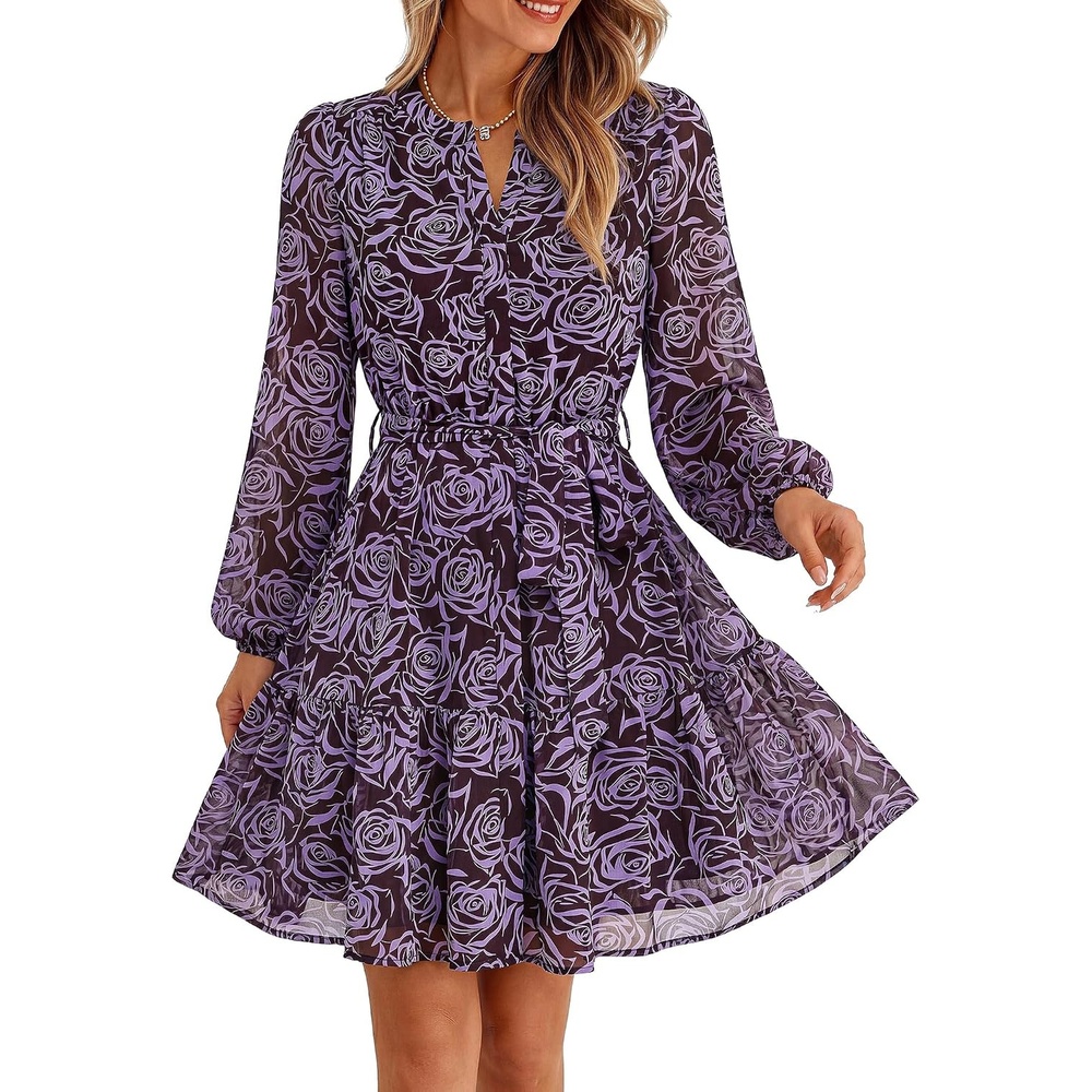 image:imageBTFBM Womens Dresses Fall Chiffon Floral V Neck Long Sleeve Mini DressPurple Rose