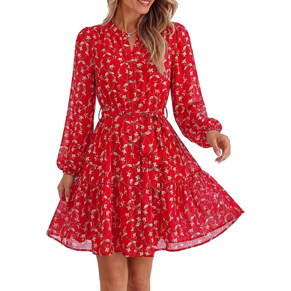 image:imageBTFBM Womens Dresses Fall Chiffon Floral V Neck Long Sleeve Mini DressRed Flower