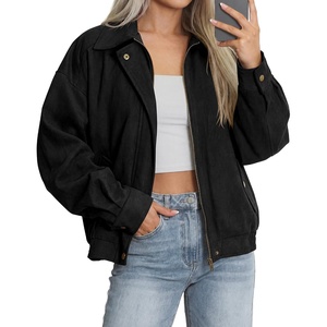 BTFBM Faux Suede Jacket Women Oversized Long Sleeve Bomber Coats(Black)