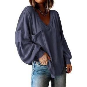 BTFBM Long Sleeve Shirts for Women 2026 Fall Tops(Solid Dark Grey Blue)