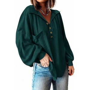 BTFBM Long Sleeve Shirts for Women 2026 Fall Tops(Turndown Dark Green)