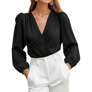 BTFBM Satin Blouses for Women Dressy Casual Button Down Shirts(Black)