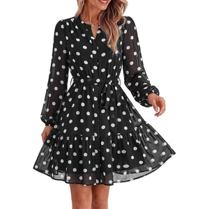 BTFBM Womens Dresses Fall Chiffon Floral V Neck Long Sleeve Mini Dress(Dot Black White)