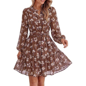 BTFBM Womens Dresses Fall Chiffon Floral V Neck Long Sleeve Mini Dress(Light Brown Flower)