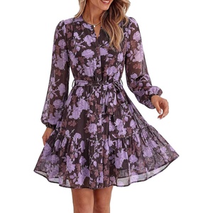 BTFBM Womens Dresses Fall Chiffon Floral V Neck Long Sleeve Mini Dress(Purple Flower)
