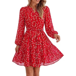 BTFBM Womens Dresses Fall Chiffon Floral V Neck Long Sleeve Mini Dress(Red Flower)