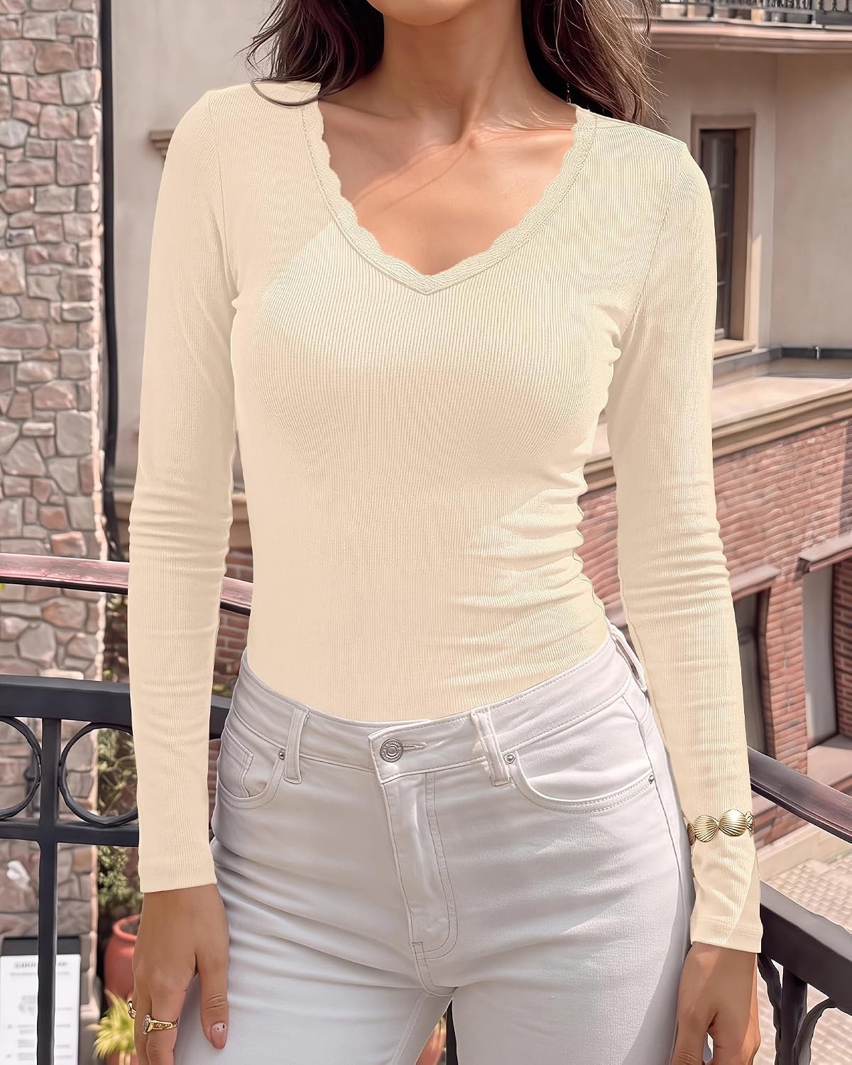image:imageBTFBM Lace Deep V Neck Fitted Long Sleeve Shirts for WomenBeige