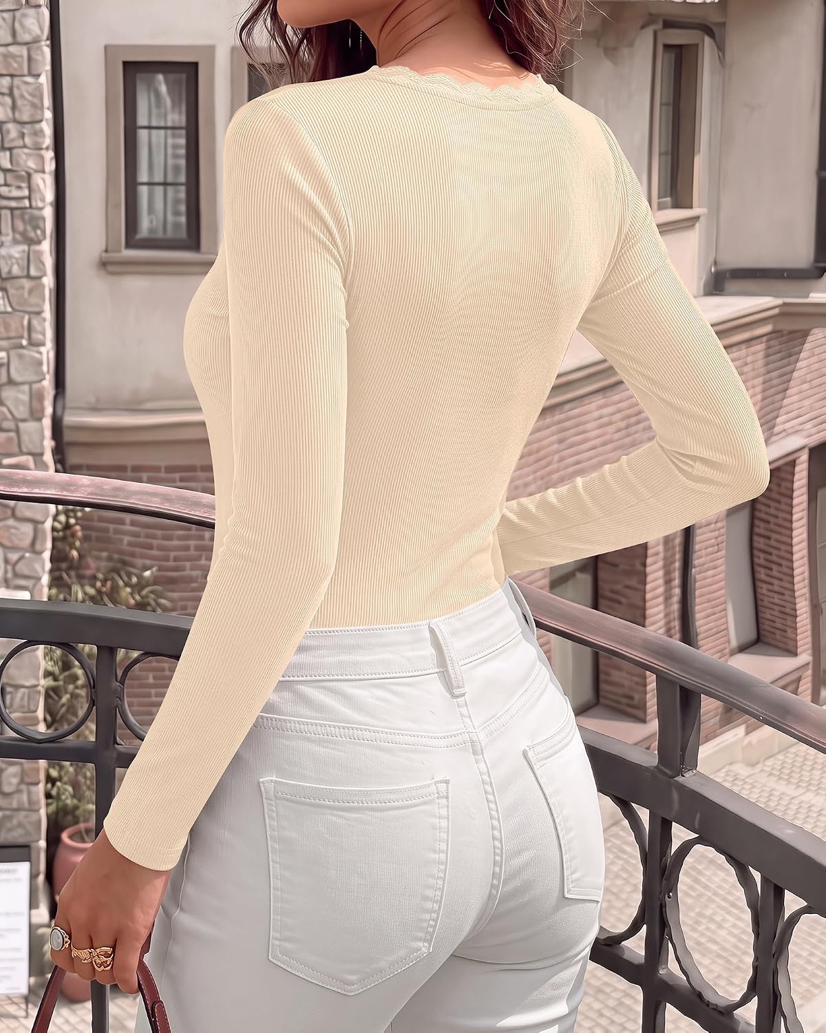 image:imageBTFBM Lace Deep V Neck Fitted Long Sleeve Shirts for WomenBeige