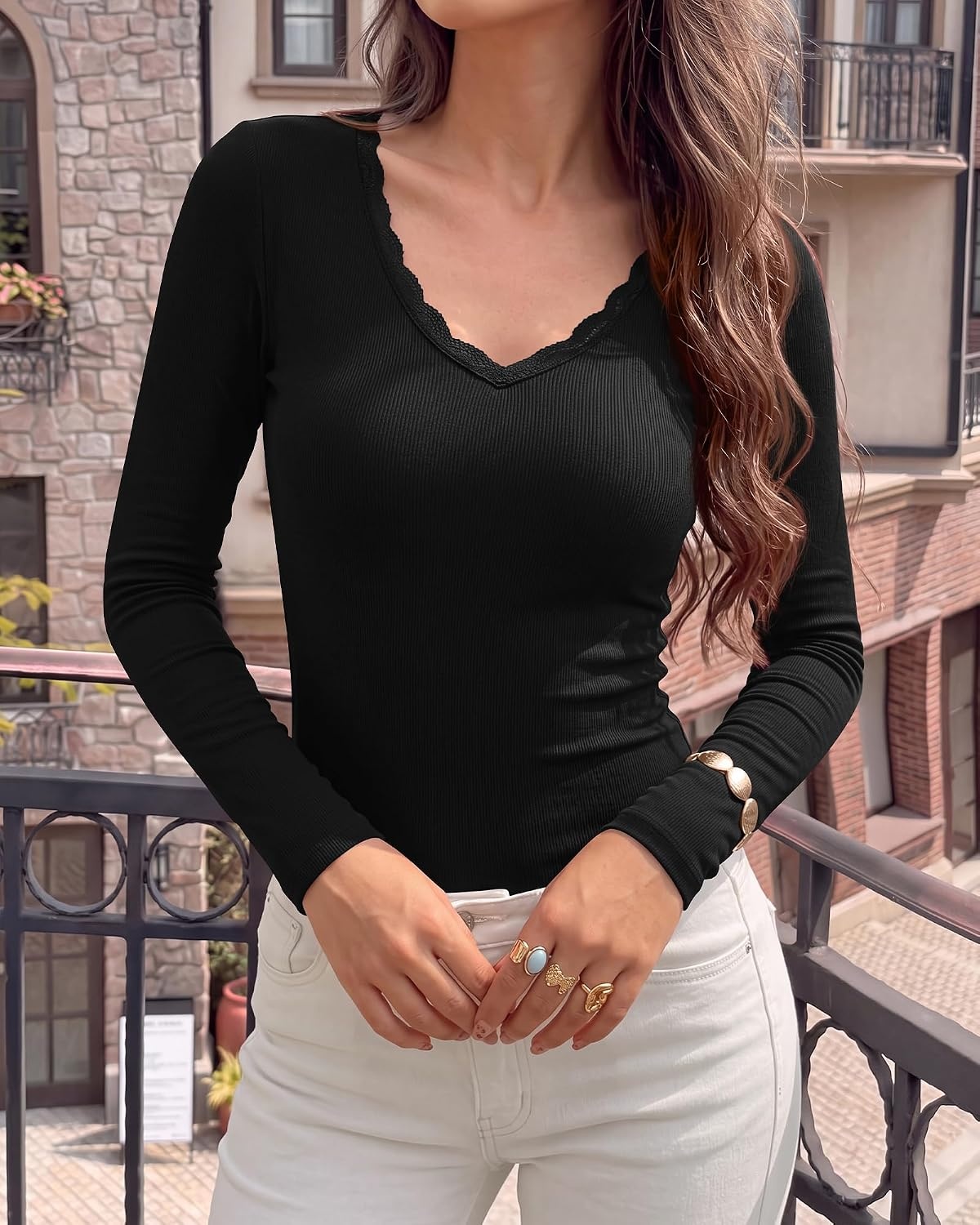 image:imageBTFBM Lace Deep V Neck Fitted Long Sleeve Shirts for WomenBlack