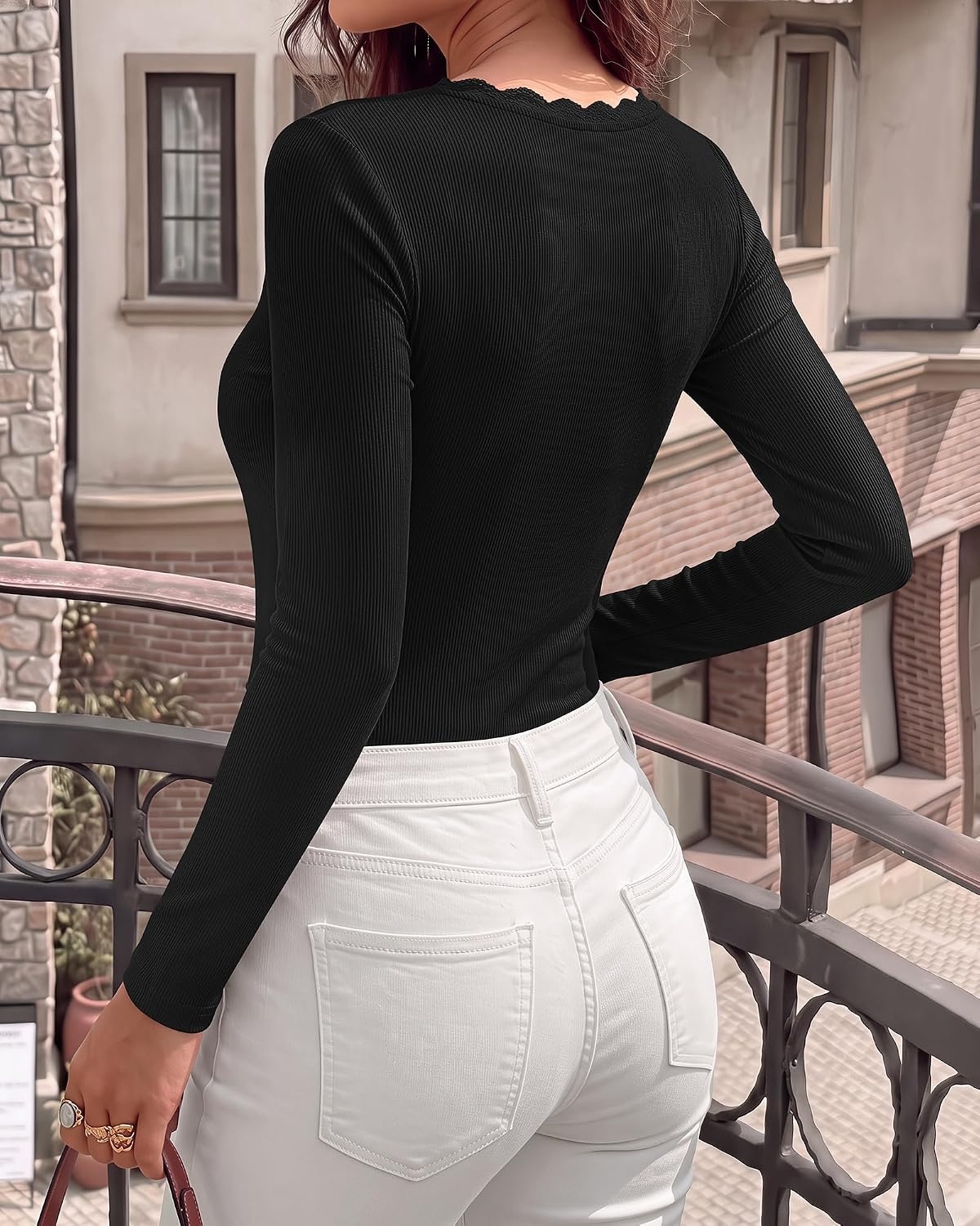 image:imageBTFBM Lace Deep V Neck Fitted Long Sleeve Shirts for WomenBlack