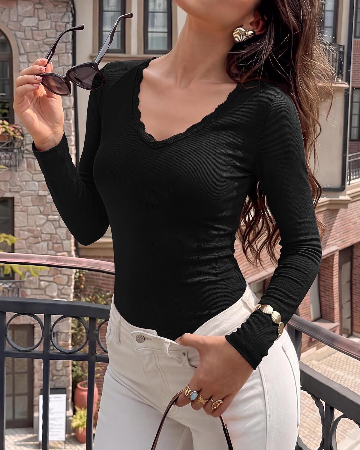 image:imageBTFBM Lace Deep V Neck Fitted Long Sleeve Shirts for WomenBlack