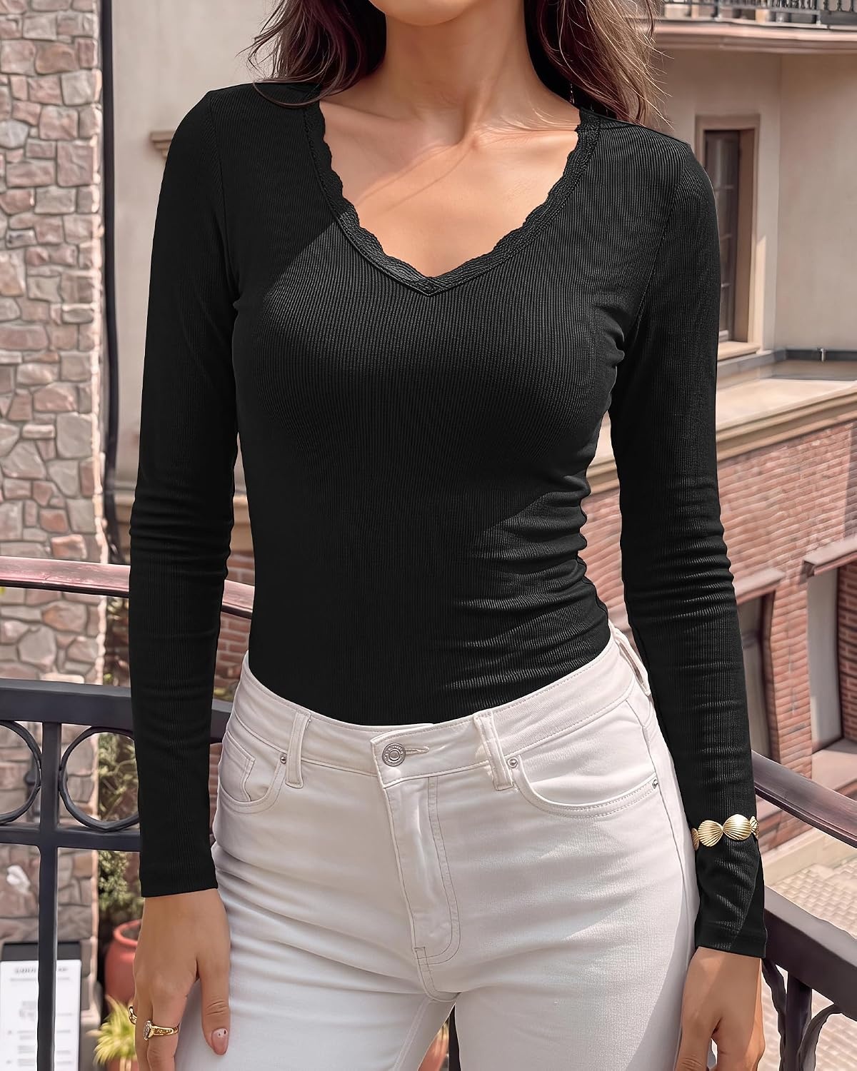 image:imageBTFBM Lace Deep V Neck Fitted Long Sleeve Shirts for WomenBlack