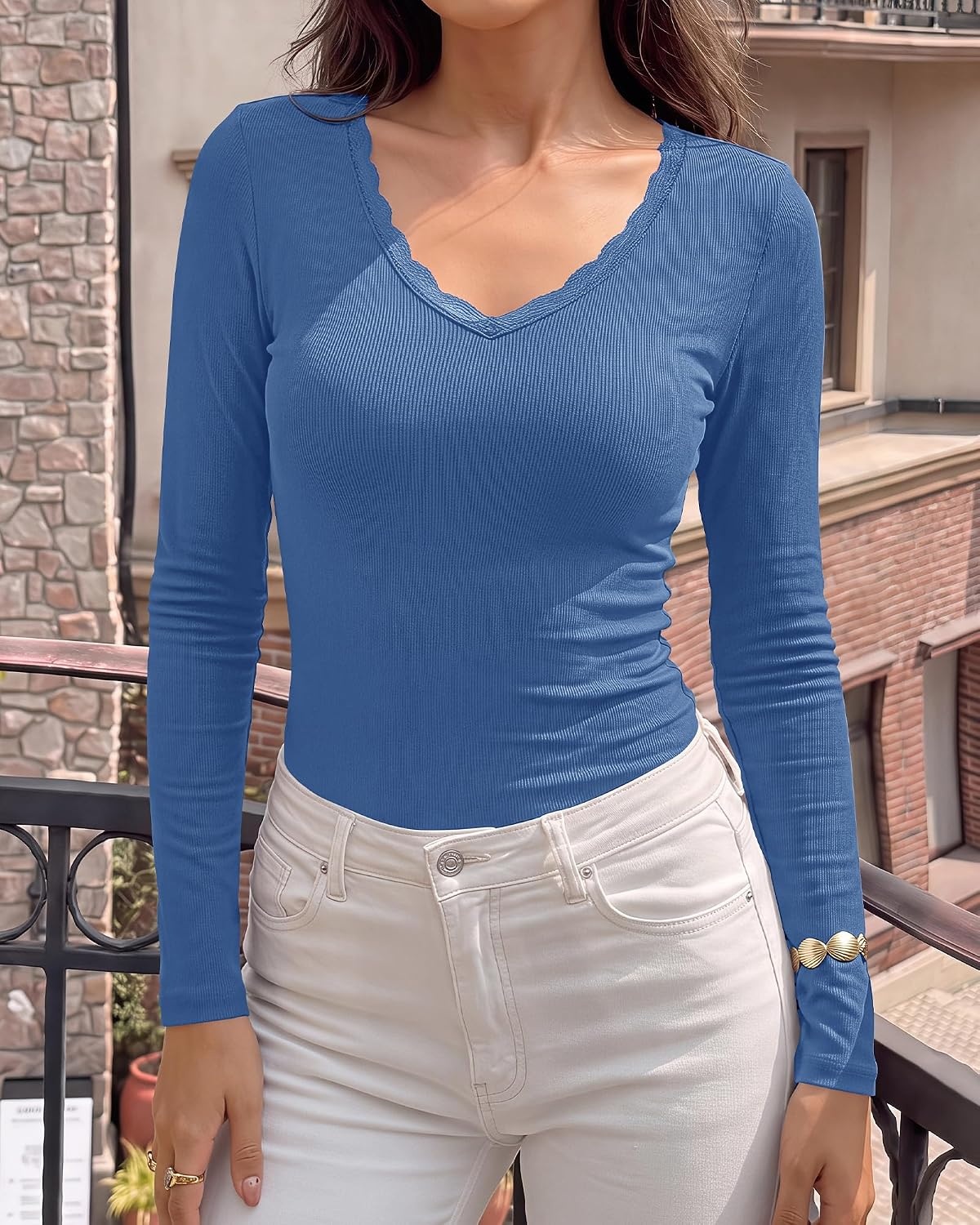 image:imageBTFBM Lace Deep V Neck Fitted Long Sleeve Shirts for WomenBlue