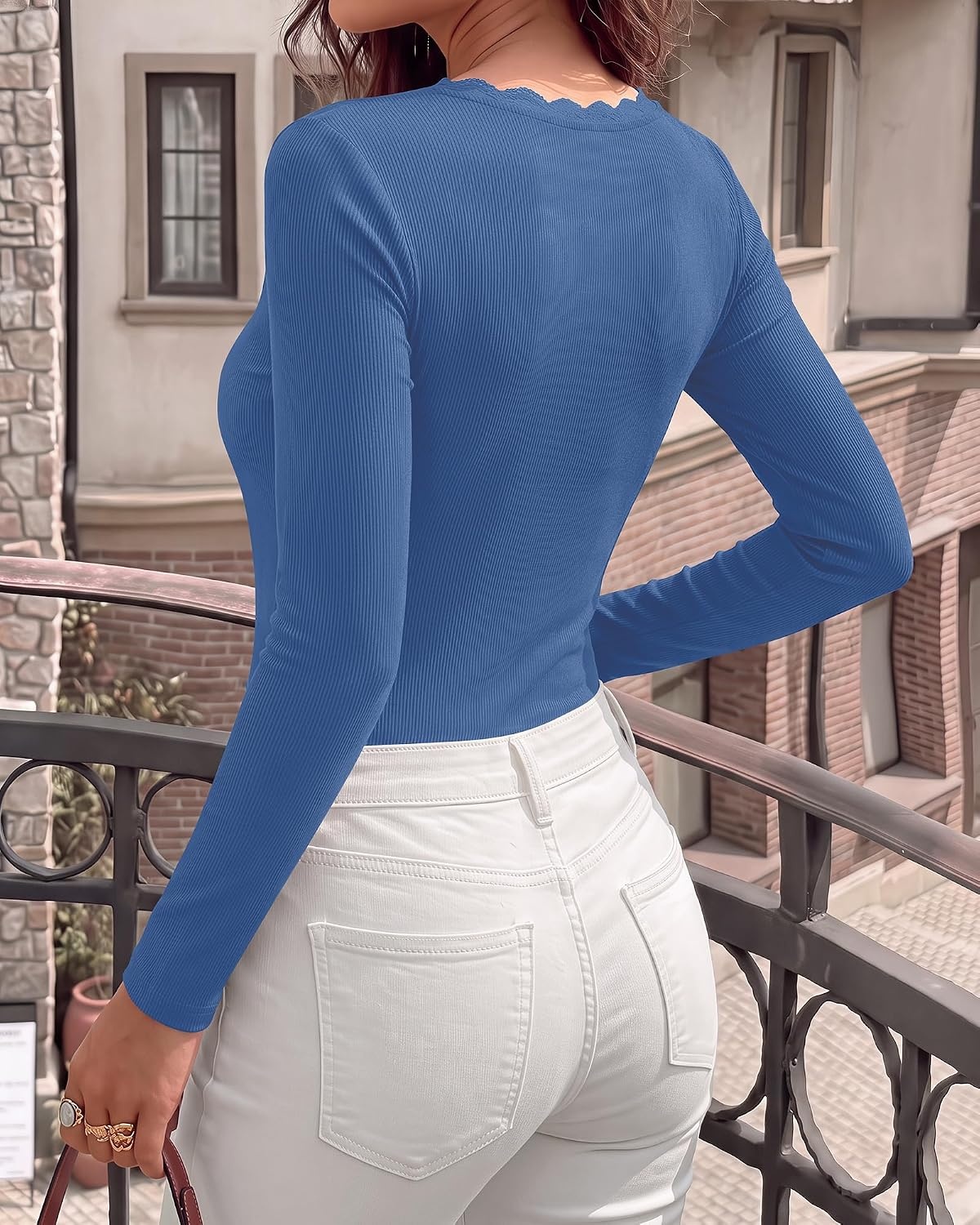 image:imageBTFBM Lace Deep V Neck Fitted Long Sleeve Shirts for WomenBlue
