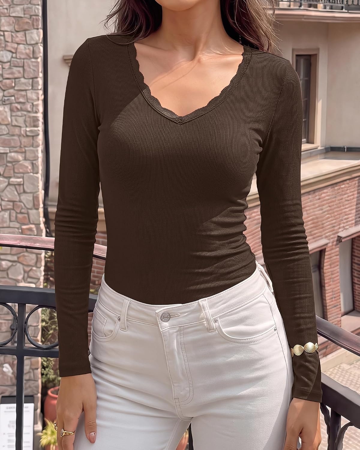 image:imageBTFBM Lace Deep V Neck Fitted Long Sleeve Shirts for WomenBrown