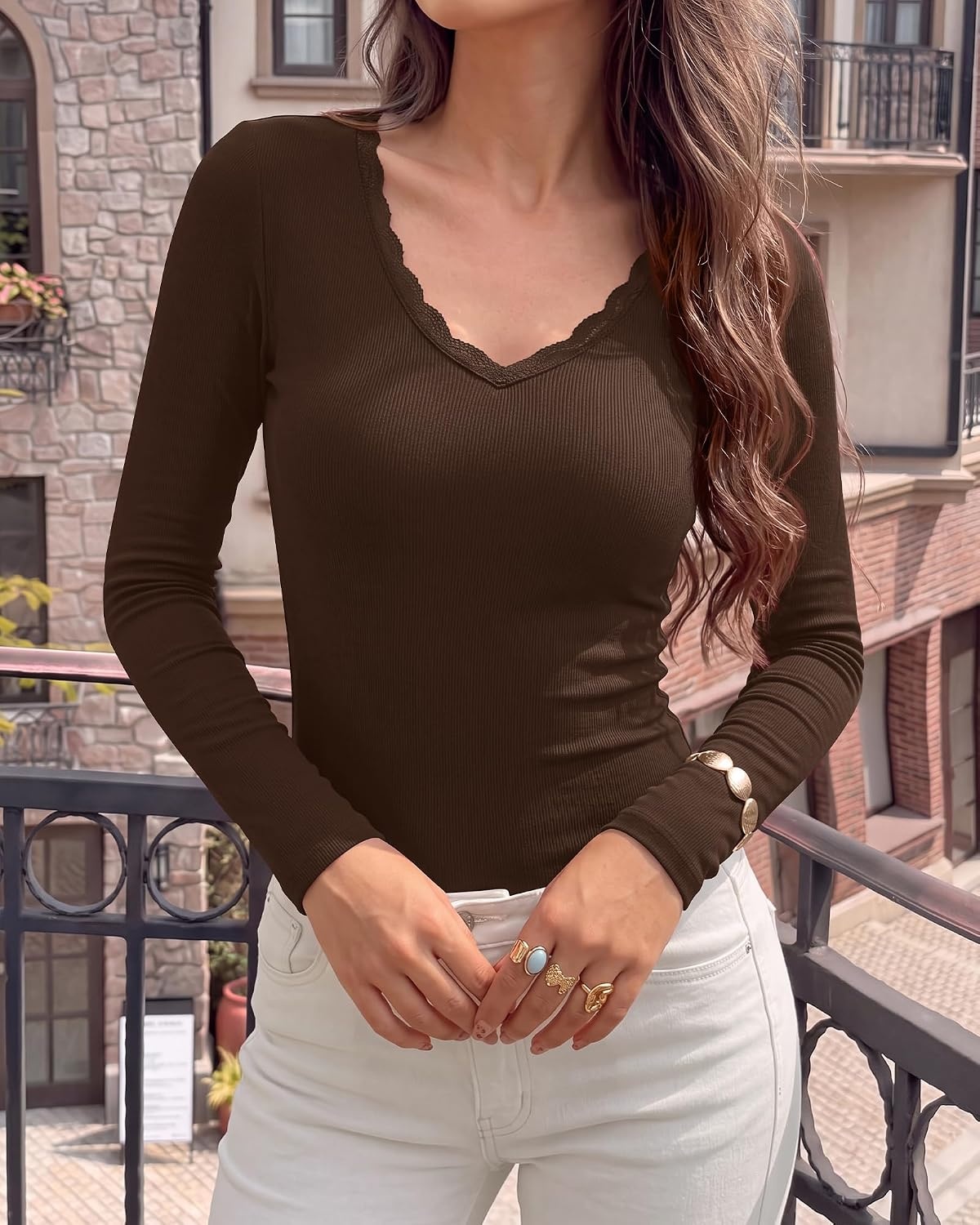 image:imageBTFBM Lace Deep V Neck Fitted Long Sleeve Shirts for WomenBrown