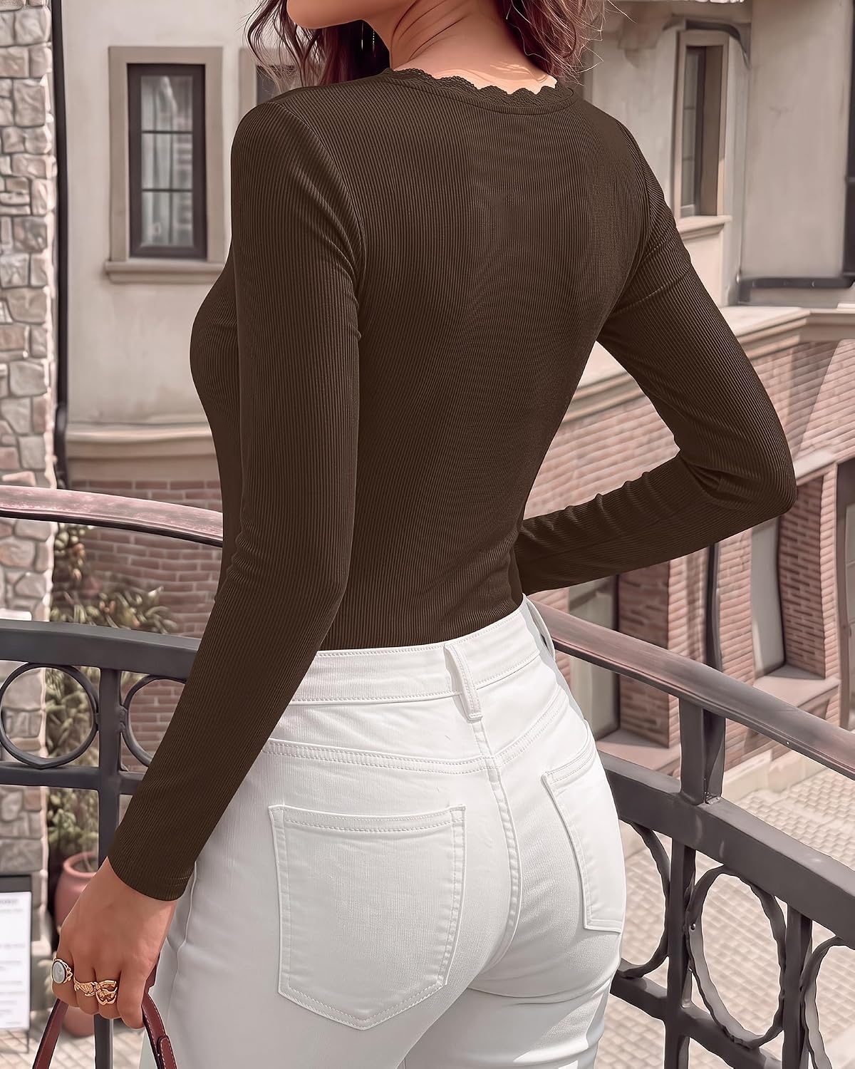 image:imageBTFBM Lace Deep V Neck Fitted Long Sleeve Shirts for WomenBrown