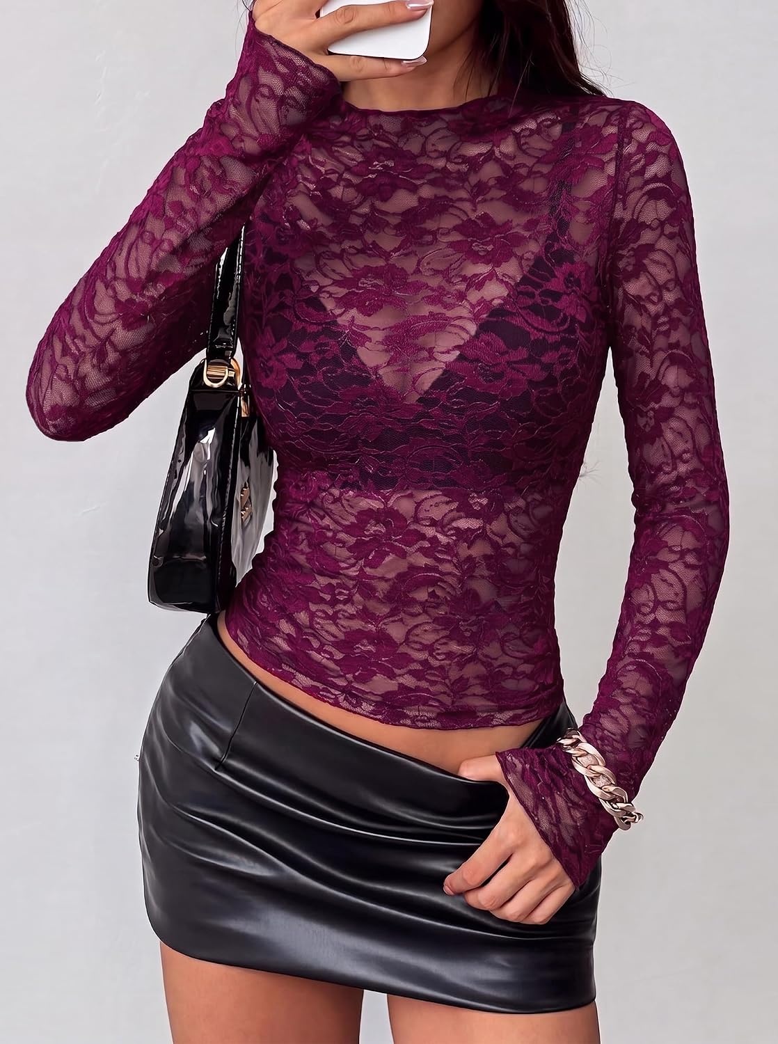 image:imageBTFBM Lace Long Sleeve Tops for Women Sexy Mesh Sheer ShirtPurple
