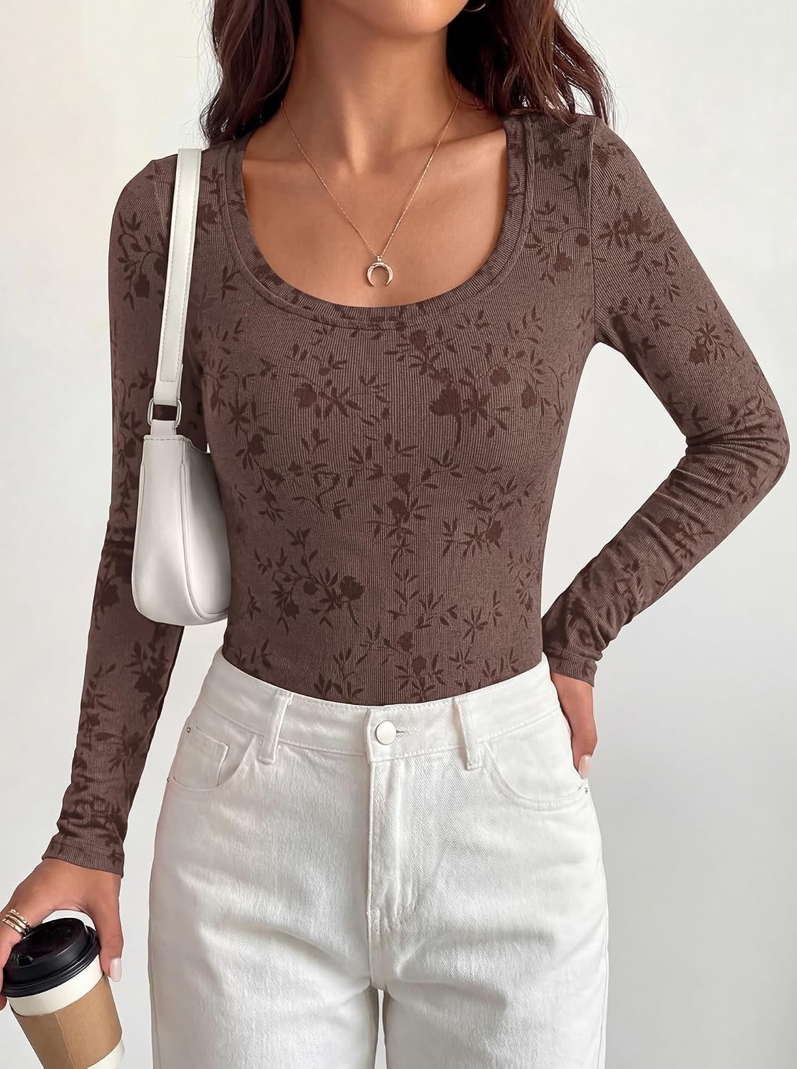 image:imageBTFBM Womens Long Sleeve Scoop Neck Shirts Floral TopsBrown