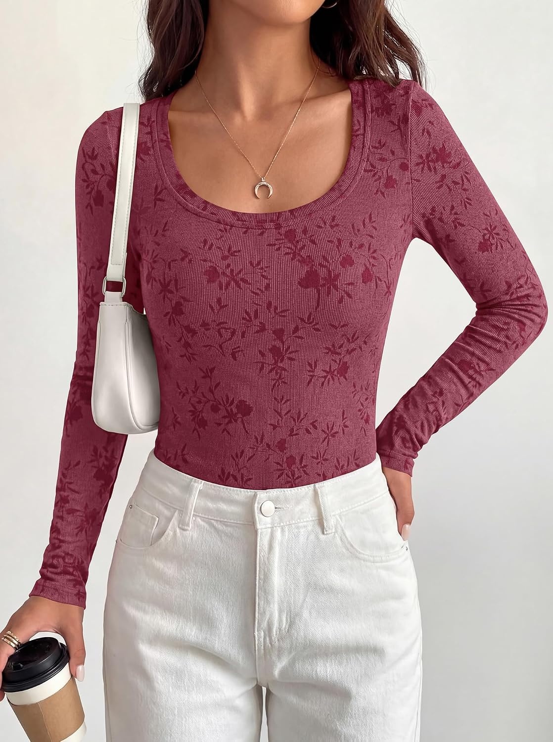 image:imageBTFBM Womens Long Sleeve Scoop Neck Shirts Floral TopsBurgundy