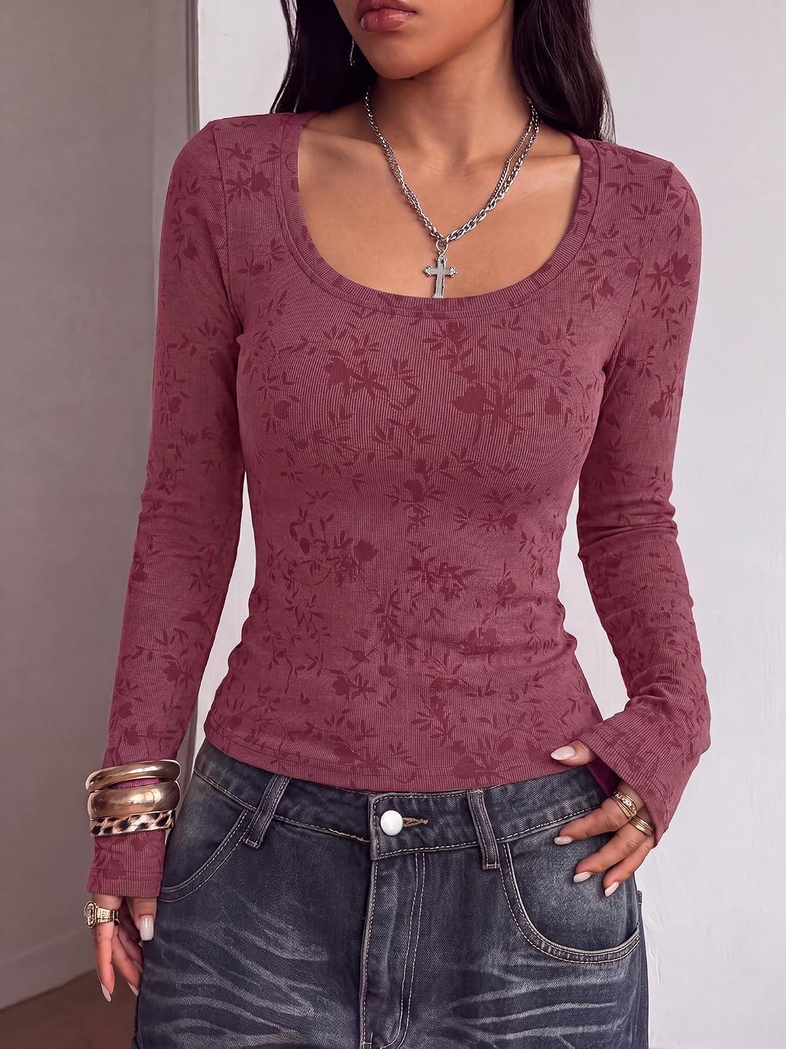 image:imageBTFBM Womens Long Sleeve Scoop Neck Shirts Floral TopsBurgundy