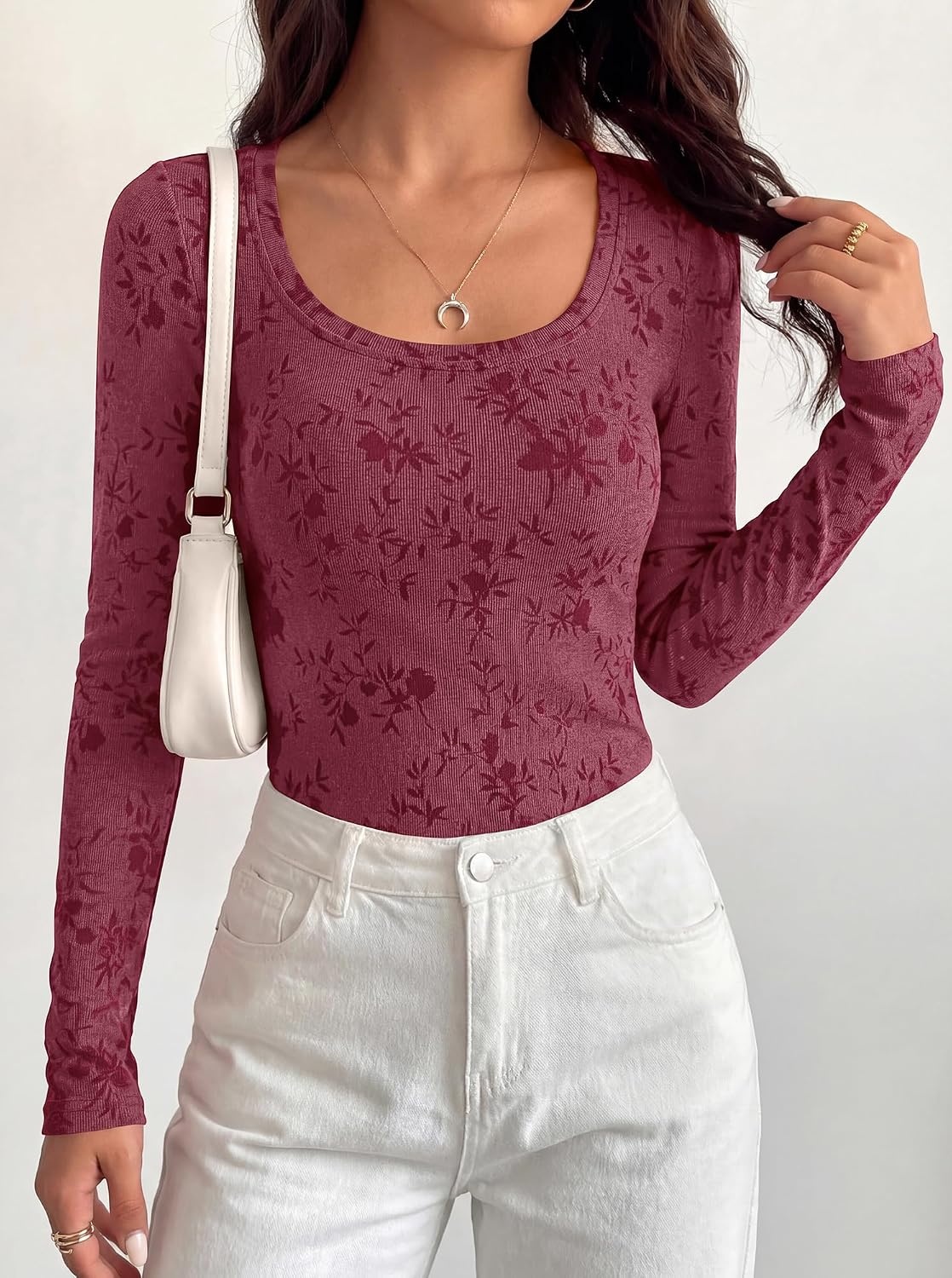 image:imageBTFBM Womens Long Sleeve Scoop Neck Shirts Floral TopsBurgundy