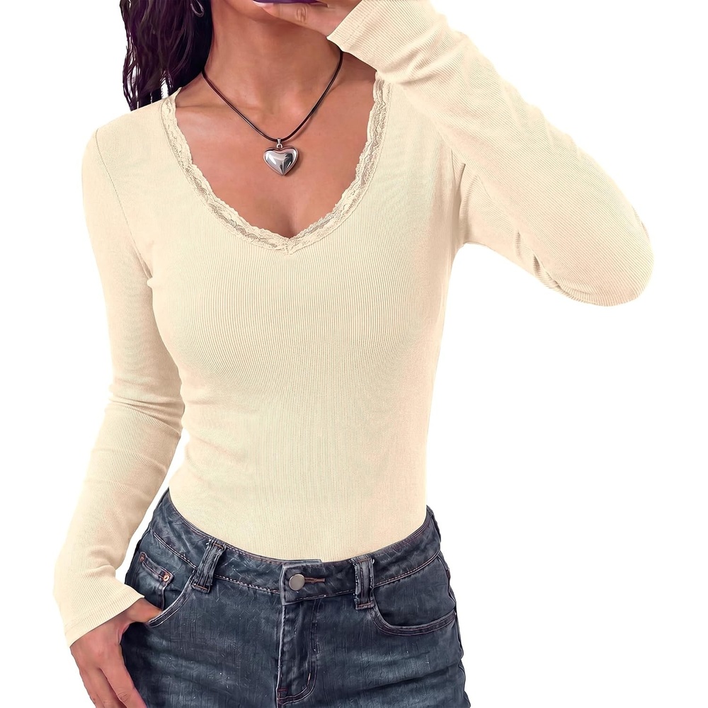 image:imageBTFBM Lace Deep V Neck Fitted Long Sleeve Shirts for WomenBeige