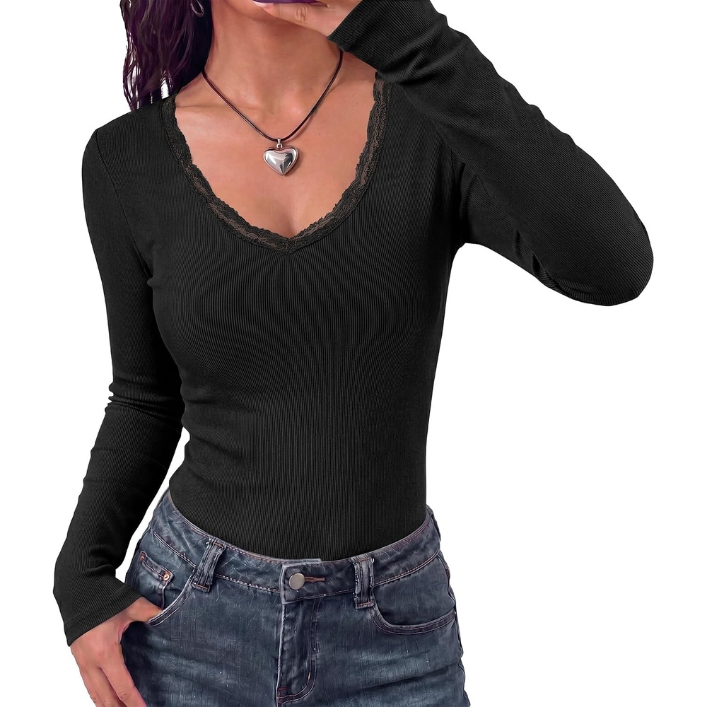 image:imageBTFBM Lace Deep V Neck Fitted Long Sleeve Shirts for WomenBlack