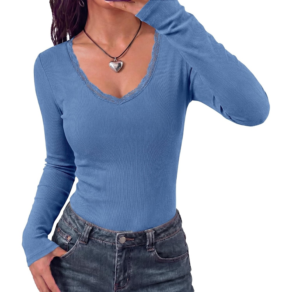image:imageBTFBM Lace Deep V Neck Fitted Long Sleeve Shirts for WomenBlue