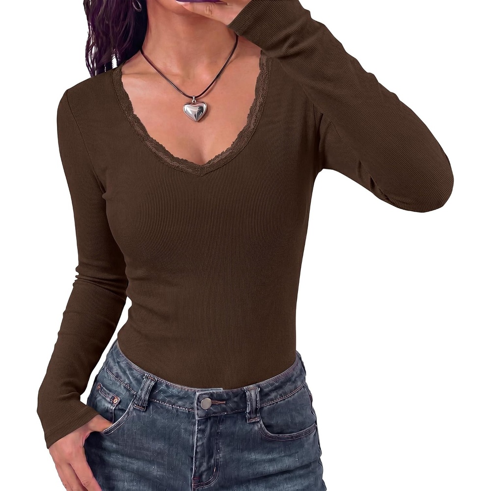 image:imageBTFBM Lace Deep V Neck Fitted Long Sleeve Shirts for WomenBrown