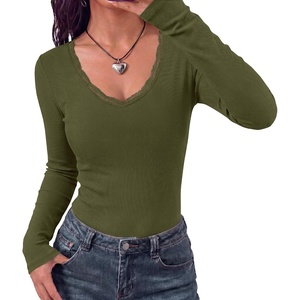 BTFBM Lace Deep V Neck Fitted Long Sleeve Shirts for Women(Army Green)