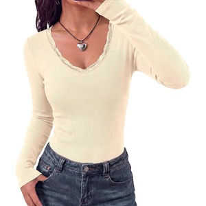 BTFBM Lace Deep V Neck Fitted Long Sleeve Shirts for Women(Beige)