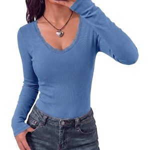 BTFBM Lace Deep V Neck Fitted Long Sleeve Shirts for Women(Blue)