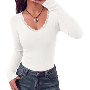 BTFBM Lace Deep V Neck Fitted Long Sleeve Shirts for Women(White)
