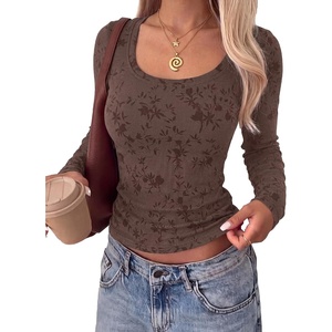 BTFBM Women’s Long Sleeve Scoop Neck Shirts Floral Tops(Brown)