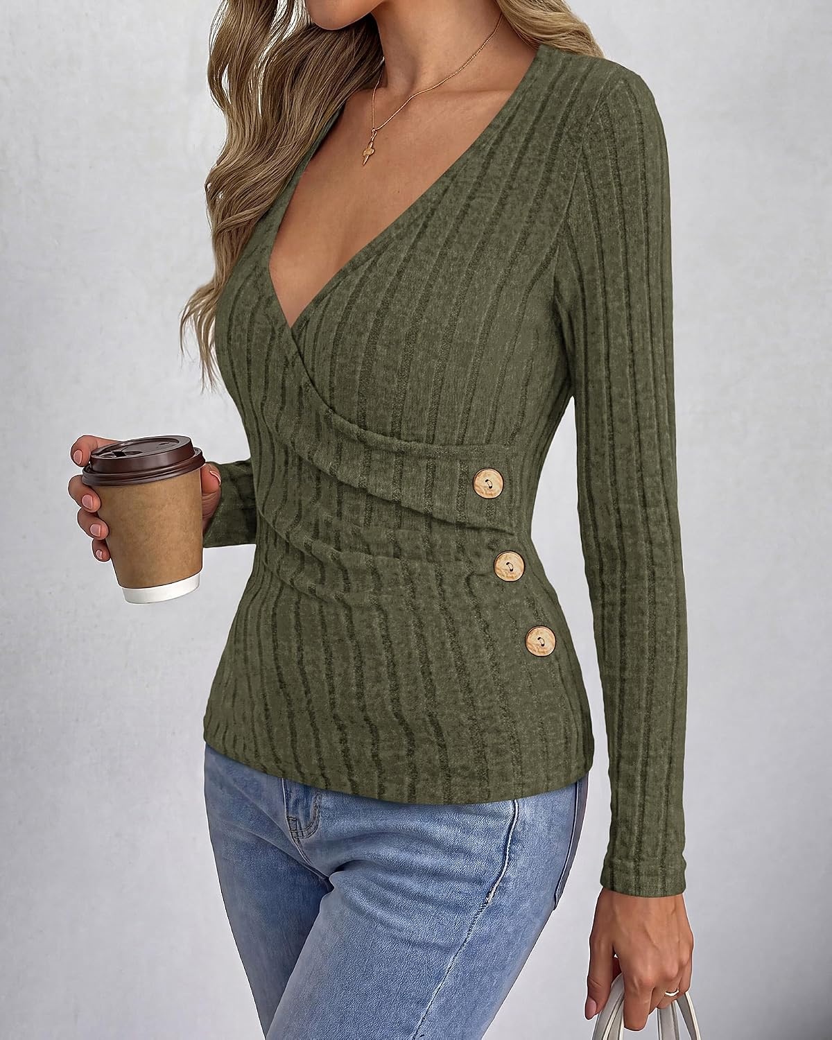 image:imageBTFBM Womens Long Sleeve Tops Sexy Wrap V Neck SweatersArmy Green