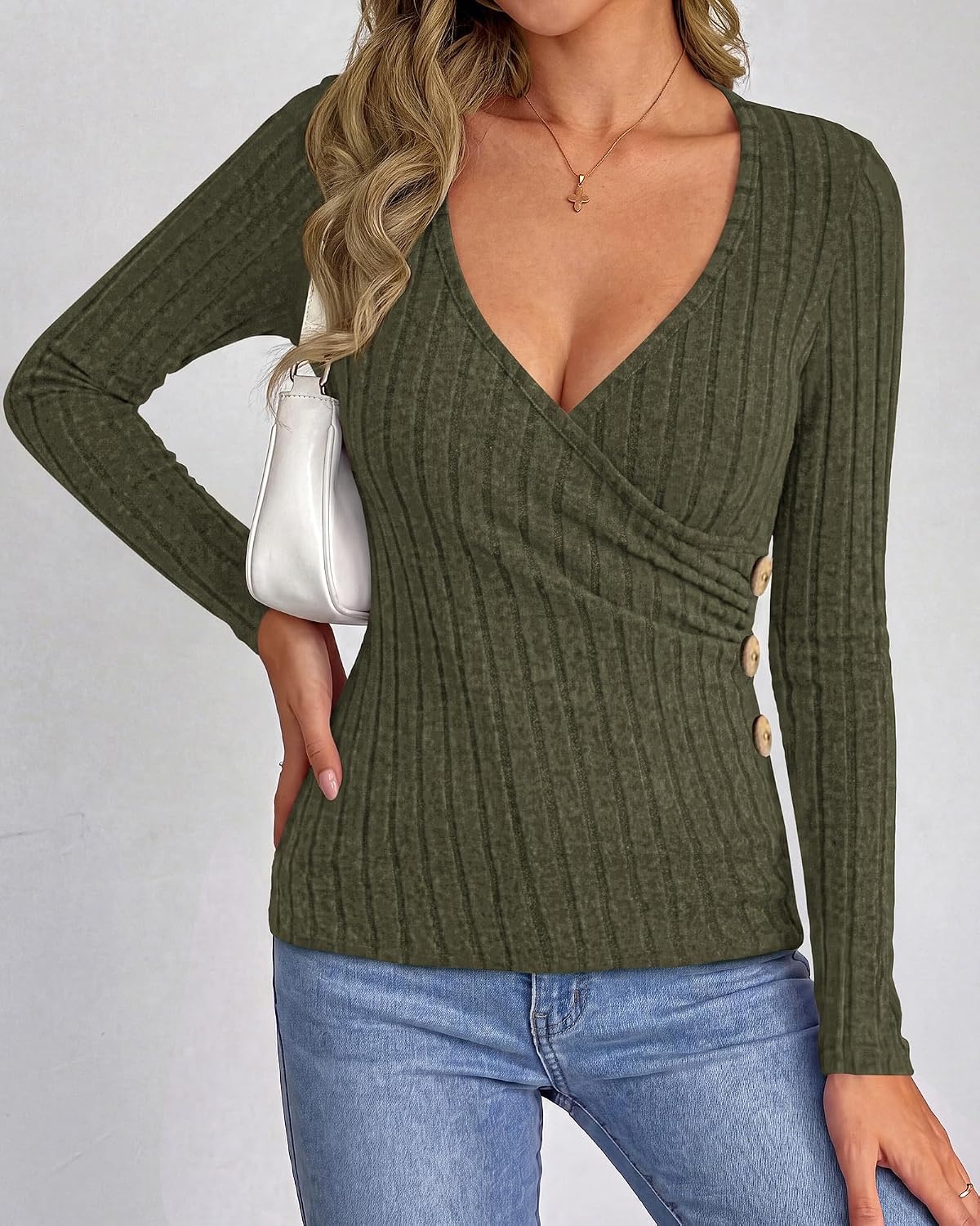 image:imageBTFBM Womens Long Sleeve Tops Sexy Wrap V Neck SweatersArmy Green