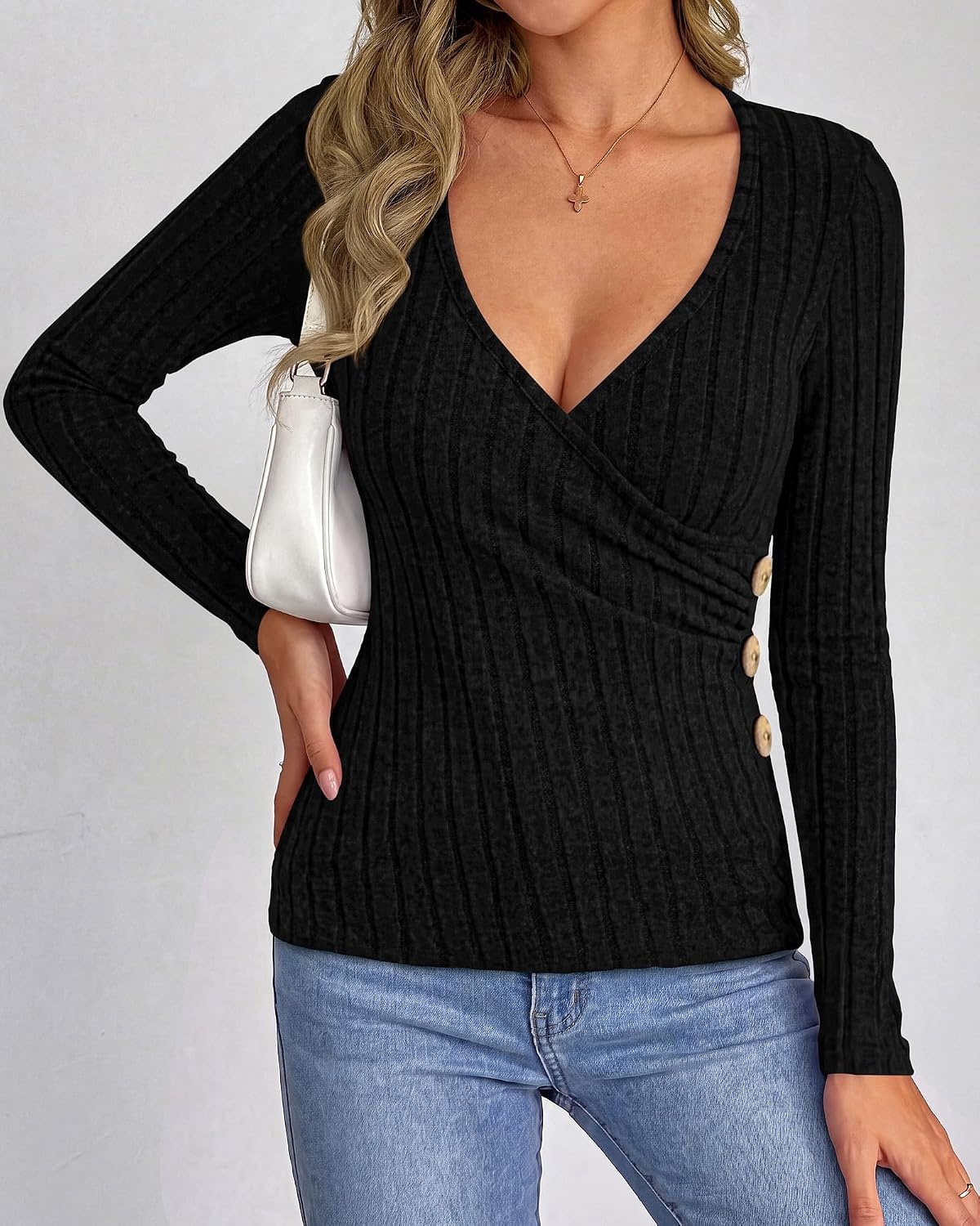 image:imageBTFBM Womens Long Sleeve Tops Sexy Wrap V Neck SweatersBlack