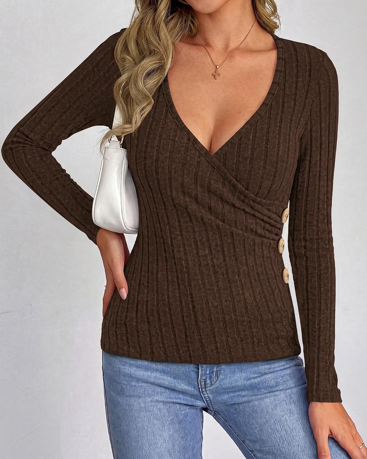 image:imageBTFBM Womens Long Sleeve Tops Sexy Wrap V Neck SweatersBrown