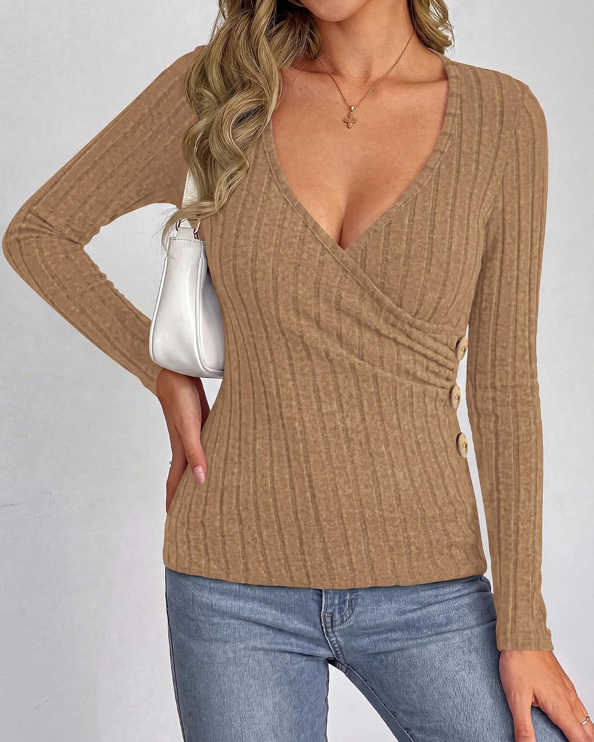 image:imageBTFBM Womens Long Sleeve Tops Sexy Wrap V Neck SweatersKhaki